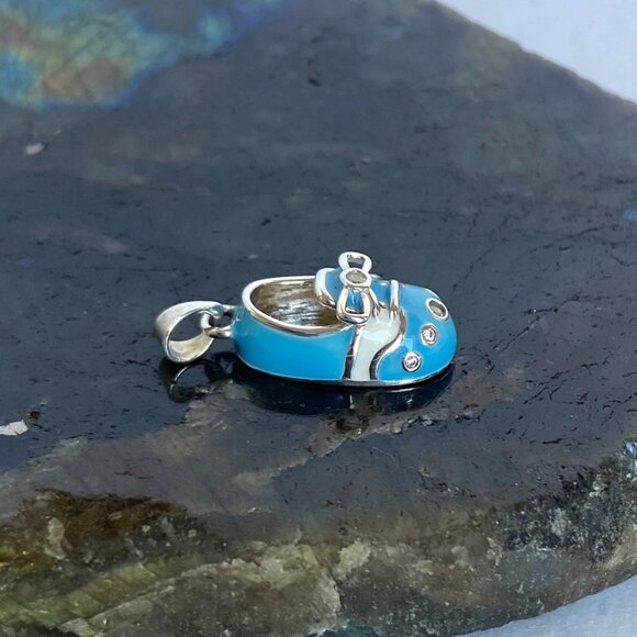 Sterling Silver 925 Blue Blank Engraveable Baby Boy Shoe Pendant Charm Baby Gift - Picture 8 of 14